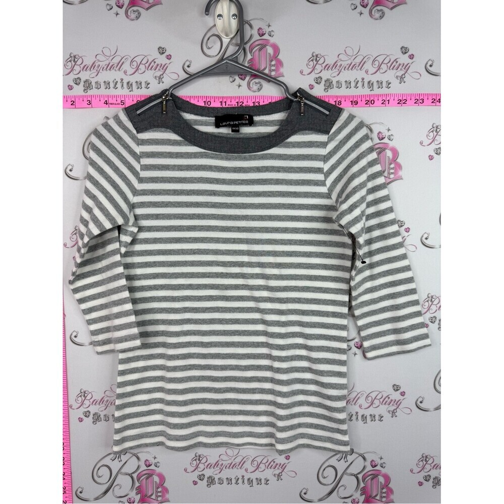 LAURA top zipper details Gray & White Striped Long-Sleeve Tee